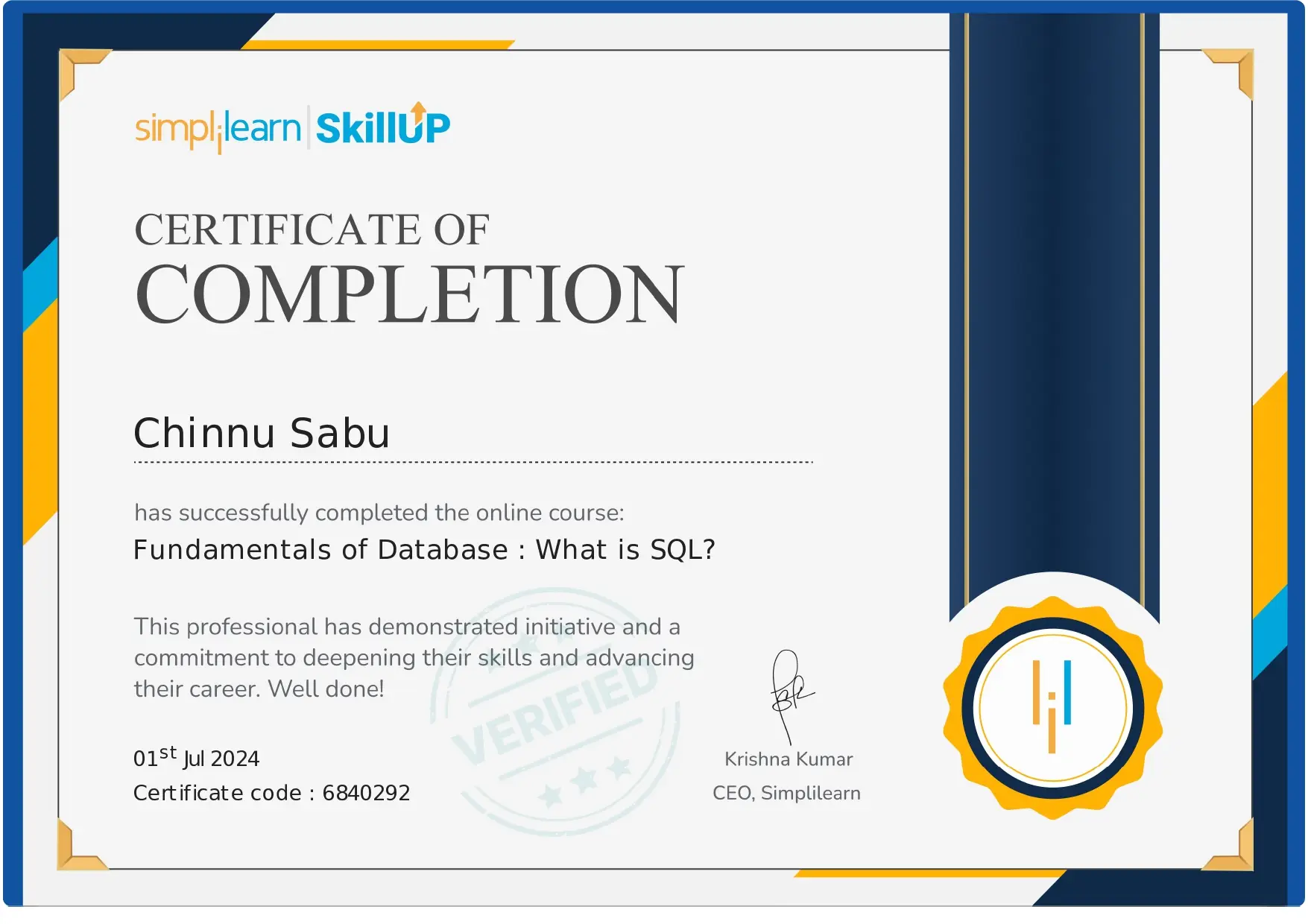 Certificate for Fundamentals of Database Management