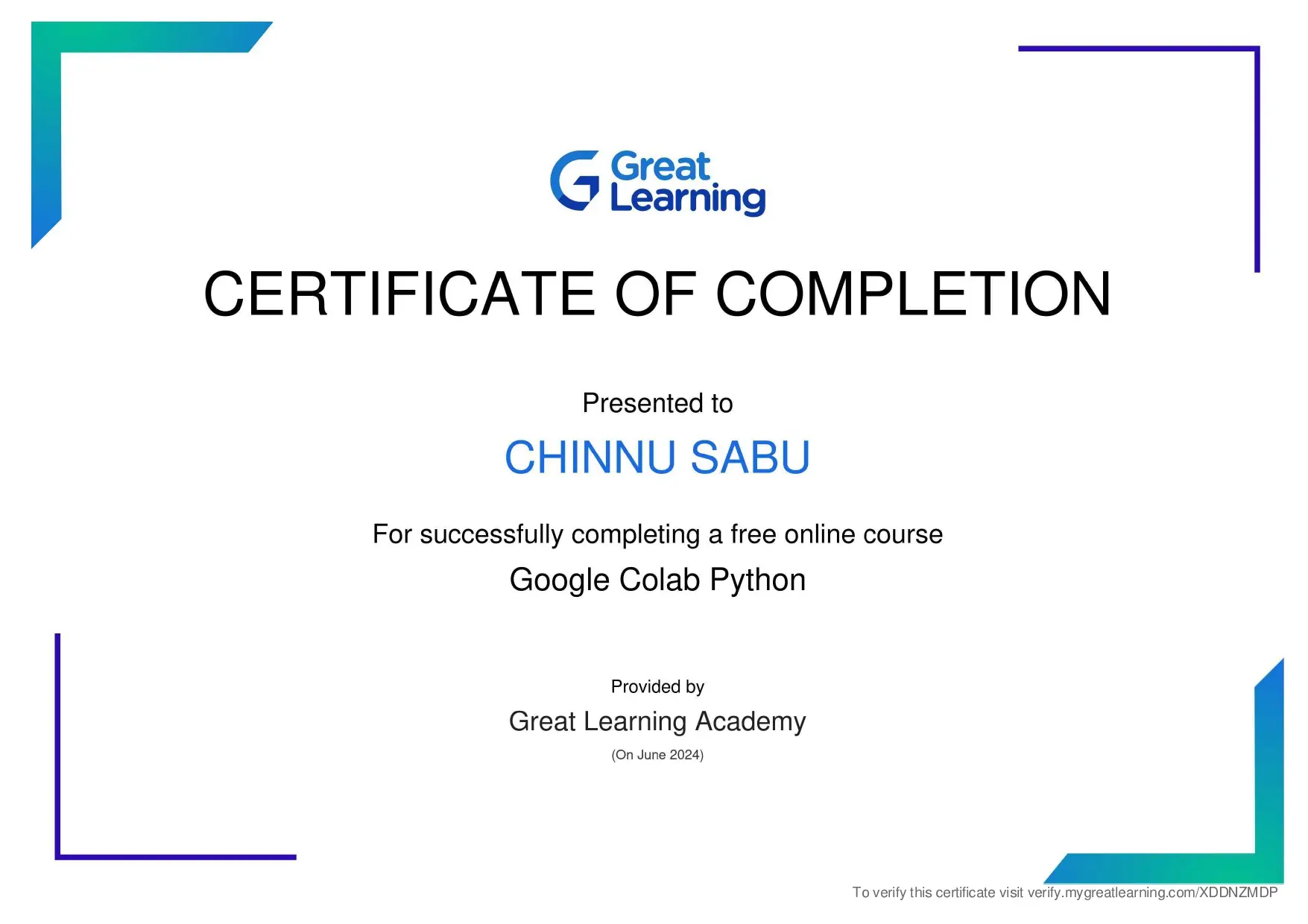 Google Colab Python training certificate
