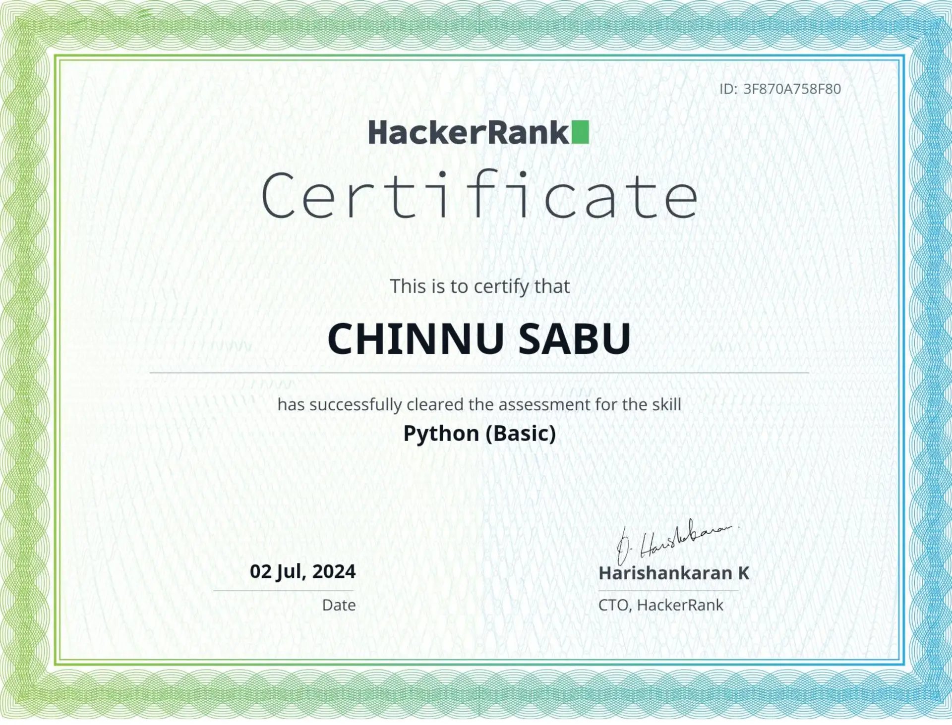 Python programming certificate earned by Chinnu Sabu